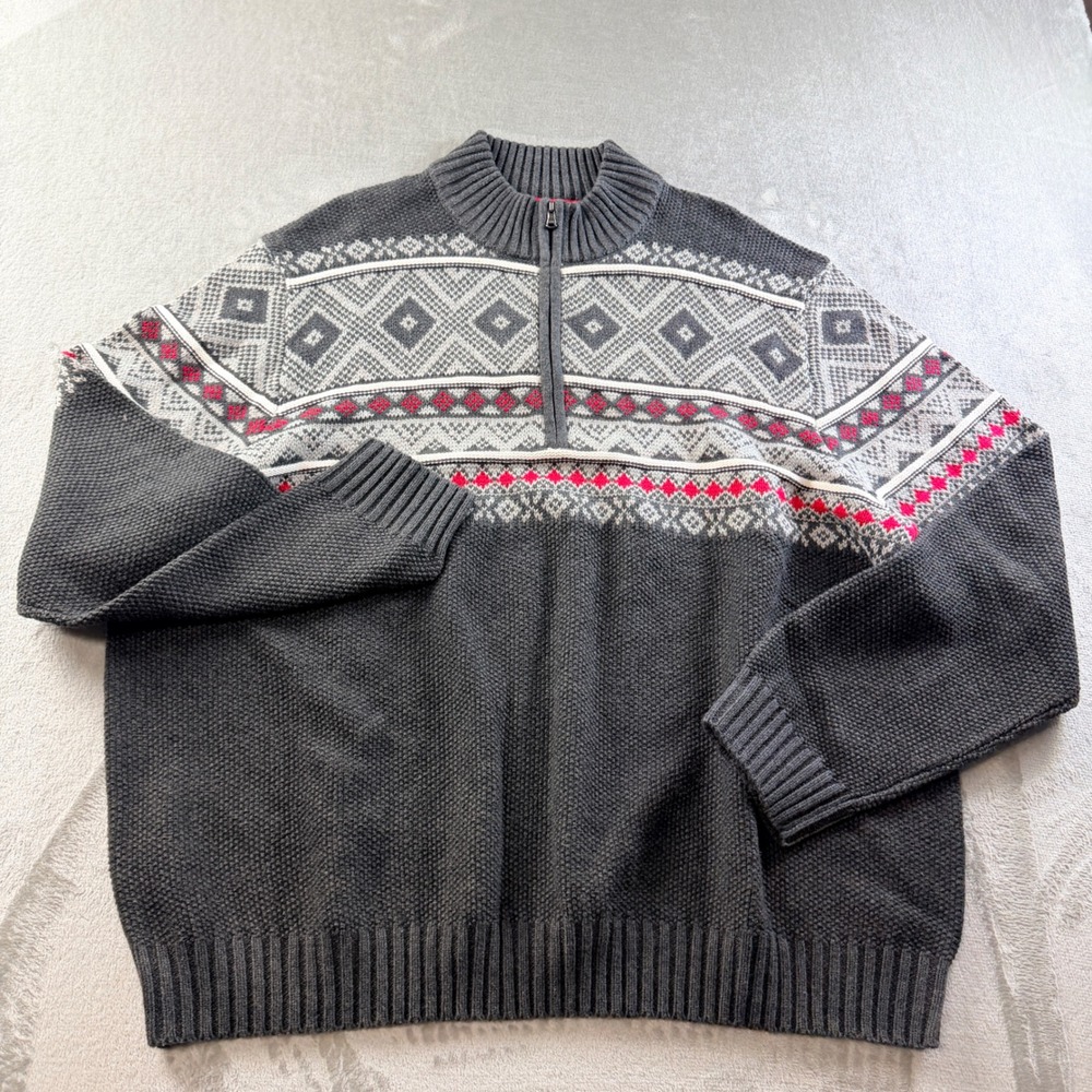IZOD Men's Quarter Zip Fair Isle Sweater Gray Red Size 2XB